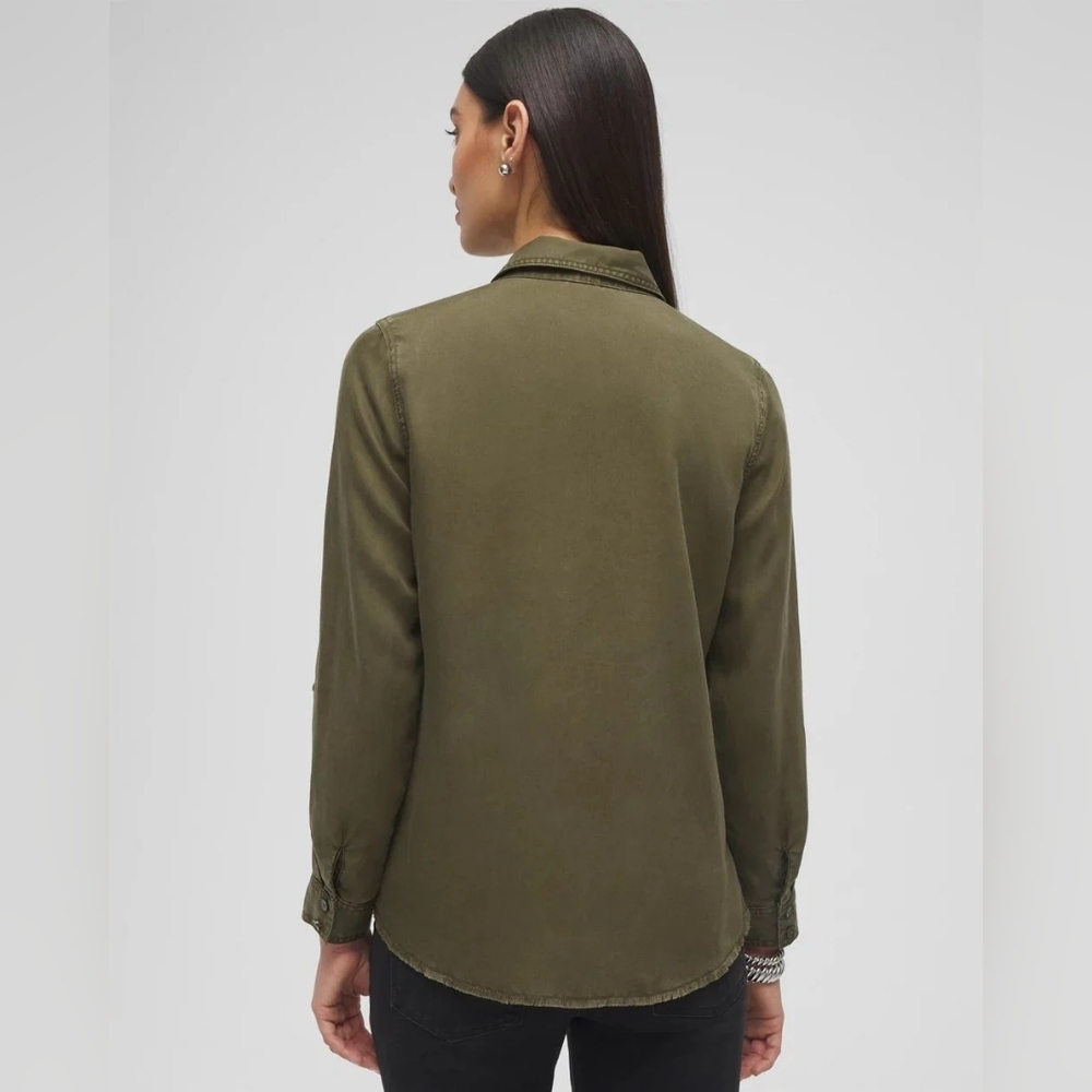 Chicos 3 Twill Fringe Hem Shirt Olive Green Sz 16 XL WT109 - Picture 3 of 9